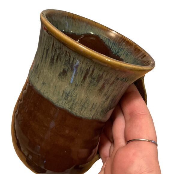 Hand Thrown Clay Blue Tan Brown Glazed Hand Warmer Tea Cup Coffee Mug Fall - Picture 15 of 15